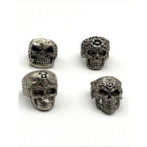 Lot of 4 Biker Skull Rings Silver Tone Gothic Sizes 8, 9, 10, 10.5